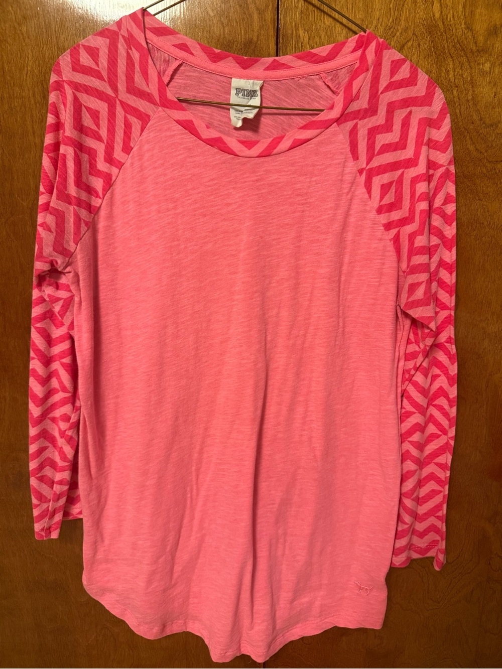 Victoria's Secret Pink Long-Sleeve Raglan Top with Patterned Sleeves